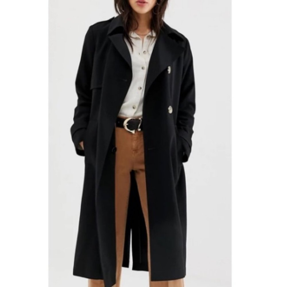 MNG Black Full Length Trench Coat Double Breasted Sz Extra Small - XS